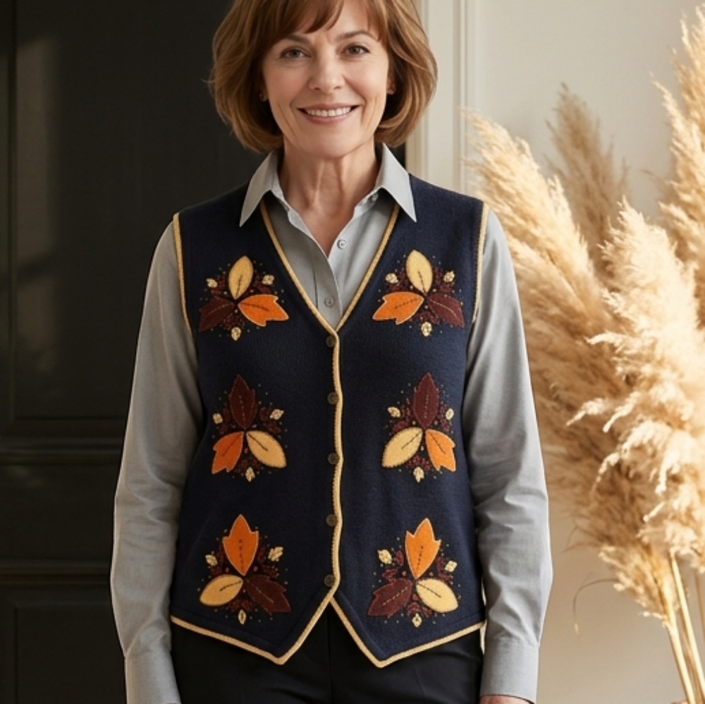 CJ Banks Fall Leaves Embroidered Sweater Vest with Tan Trim: 1X